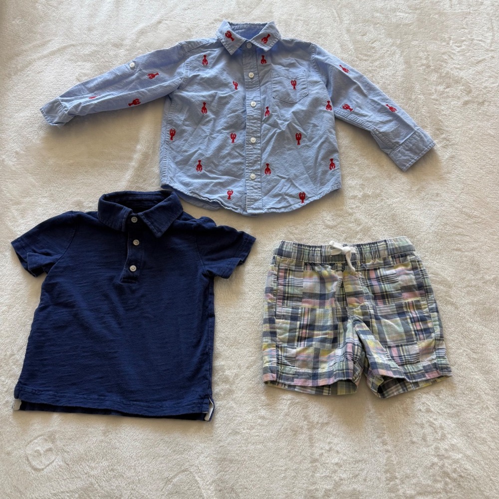 Janie and Jack Boys 2T Blue Lobster Shirt & Navy Polo Shirt Plaid Shorts